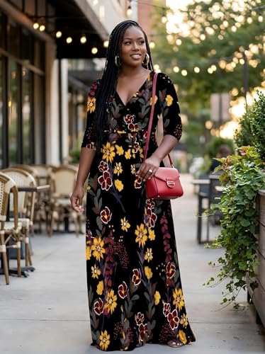 Image of PinkPatty Women's Print Maxi Dresses 3 /4 Sleeve Flowy Long Dress V Neck Wrap Tie Waist Sundress