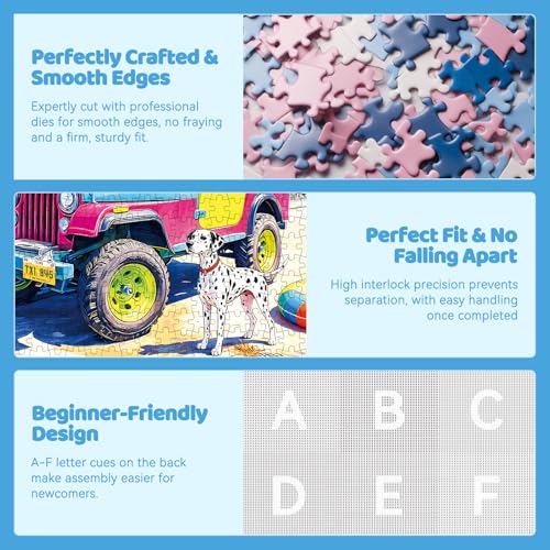 Rompecabezas de 500 piezas para adultos – Escena tropical de playa con jeep colorido, tablas de surf y isla, perro dálmata, paisaje costero veraniego, 51,8 x 38,1 cm miniatura 4