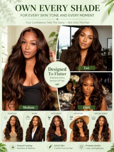 Image of KLAIYI Auburn Chestnut Brown Loose Body Wave Pre Everything Glueless 13x4 Lace Front Wigs Human Hair Drawstring Precut Lace Pre Plucked Bleached Ready to Wear and Go Wig with Face Framing Bang 26Inch