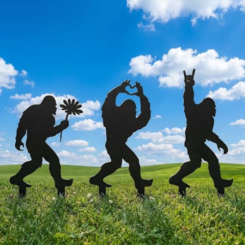 YINGHOYEDO Metal Bigfoot Sasquatch Yard Decor - Set of 3 Funny Silhouette Garden Stakes Outdoor Statue Art for Lawn Patio & Backyard Unique Gifts for Sasquatch Fans