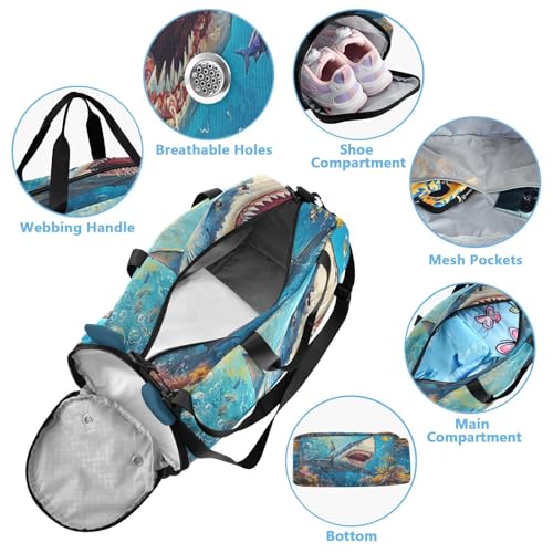 Shark Bubble Marine Blue Kids Travel Duffel Bag for Boys Girls Overnight Weekend Tote Bag with Shoes Compartment for Gym Sports Dance4