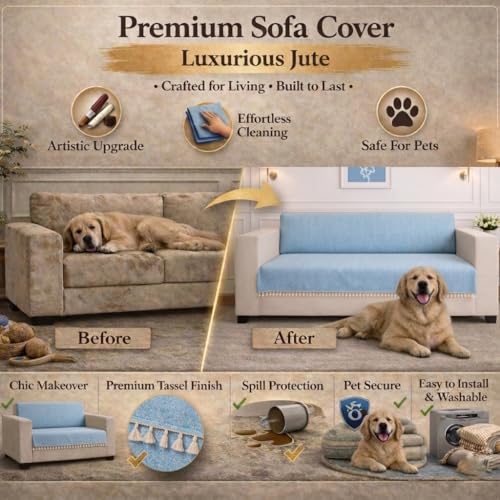 Image of STITCHNEST Jute Sofa Cover - Turquoise, 48x60 Inch | Soft Textured Fabric with Tassel| Full Coverage Sofa for Living Room Decor