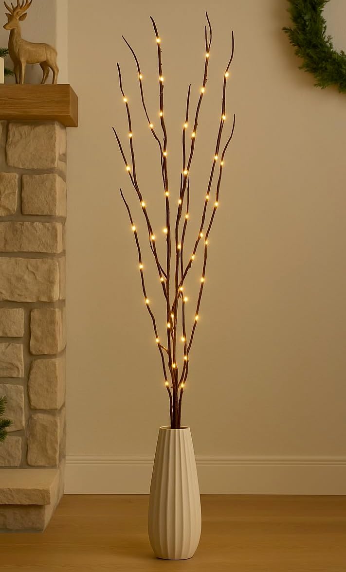 4ft. Christmas Pre-Lit Twig Decoration Indoor Vase Decorative Festive Tree Branch - 80 Warm White LED Lights - Perfect for Christmas, Winter, or General Home and Wedding Lighting (Light Brown)