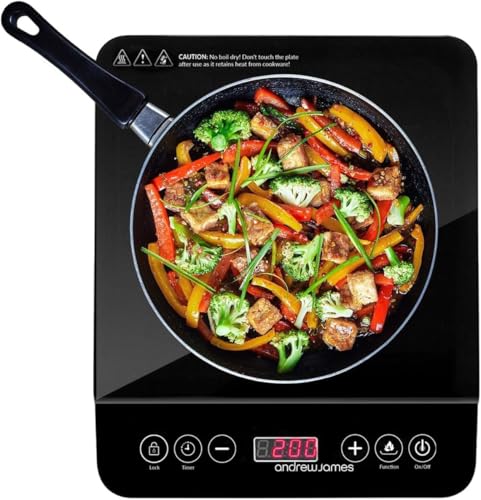 Andrew James Induction Hob Cooker 2000W, Portable Electric Hob with Hot Plate | Electric Induction Cooker with Touch Controls & 10 Heat Settings, Portable Stove (Single Black)