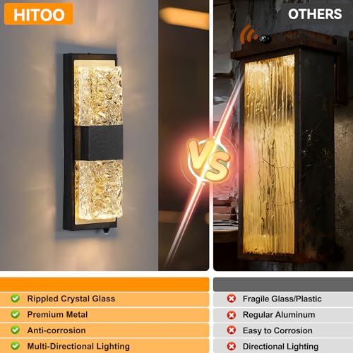 Image of 14.2 inch Dusk to Dawn Outdoor Wall Light, Black and Gold, 1-Pack | IP65 Waterproof, Crystal Modern Design, Exterior Wall Sconce, Ideal for Porch, Patio, Hallway, Backyard