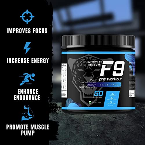 Image of Muscle Asylum F9 Pre-Workout - 50 Servings, 400gm (Blue Razz) | Boosts Energy & Endurance | Improves Focus