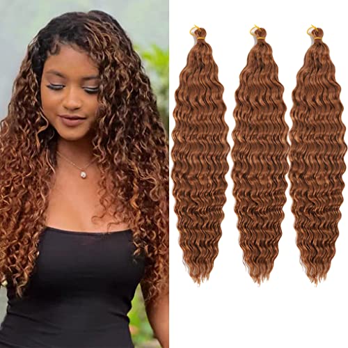 24Inch Ocean Wave Braiding Hair Extensions 3Packs Long Deep Curly Wave Braid Hair Synthetic Twist Ripple Crochet Deep Wave Braids Hair For Women 100G/Pack(24",Brown) #TOP3