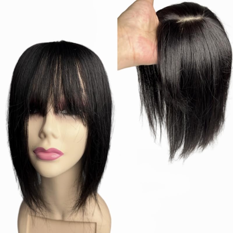 Anemone Big Lace Base Human Hair Toppers Invisible Middle Part Natural Hairpiece with Wispy Air Bangs Clip In Hair Extension 220% Density (#1B, 12