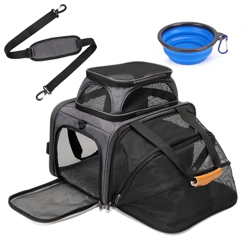 MOYLLOG Expandable Pet Carrier Bag - Airline-Approved Breathable Mesh Secure Zippers Padded Handle & Multi-Pockets (Light Grey)