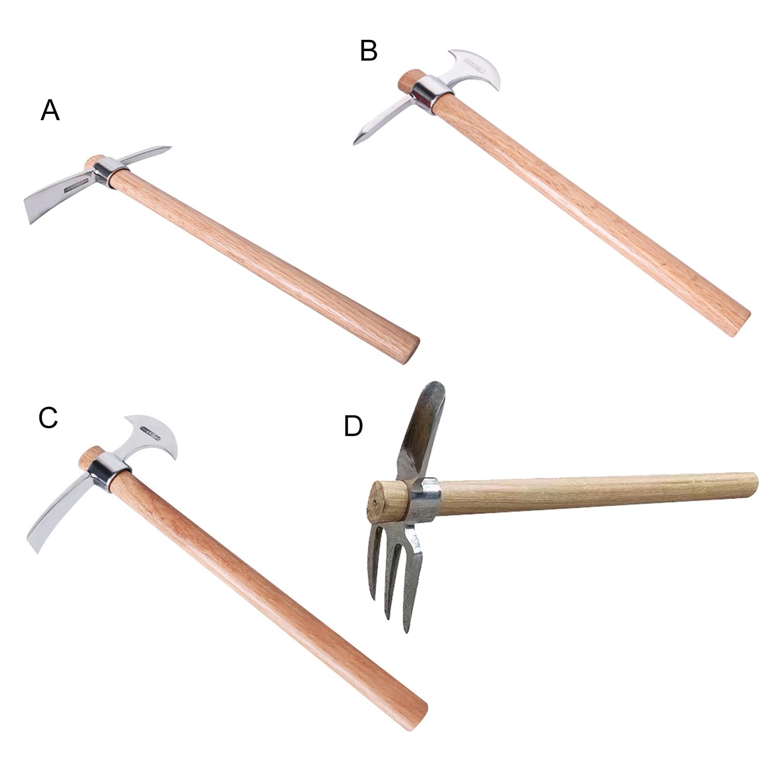 Piccone a doppia testa in acciaio inossidabile con manico in legno per allentare il suolo scavare il suolo multifunzionale piccone piccone strumenti da giardinaggio 1* (A+B+C+D)