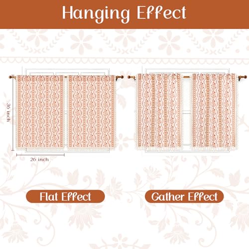 Image of Yinhua Boho Kitchen Curtains 36 Inch Length Vintage Linen Cafe Curtains Light Filtering Bohemian Floral Tier Rod Pocket Farmhouse Rustic Tassel Small Drapes with Tiebacks, 2 Panels, White Orange