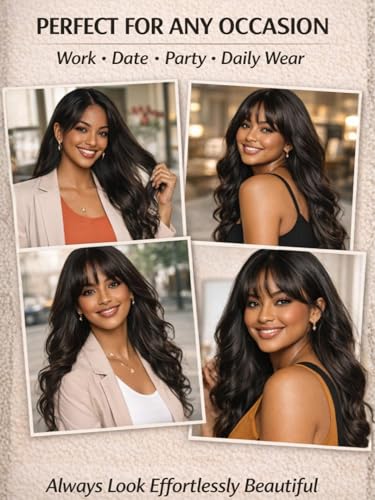 Image of Beauty Forever 13x4 Lace Front Wig Human Hair Glueless Pre Plucked Pre Cut,Loose Wave Wig with Curtain Bangs for Black Women, Fluffy Natural Black Ready to Wear Drawstring Wig, 150% Density 20 Inch