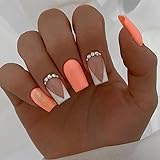Pikabows Press On Nails Medium Square Neon Orange Rhinestone French Fake Nails Acrylic False Nail Tips Kit Glue on Nails for Women
