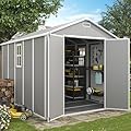 VONZOY Outdoor Storage Shed, 8x10 FT Resin Shed with Floor and Lockable Door, Window & Vents, Tool Sheds & Outdoor Storage for Bike, Garden Accessories, Tools, Waterproof (Grey & White)