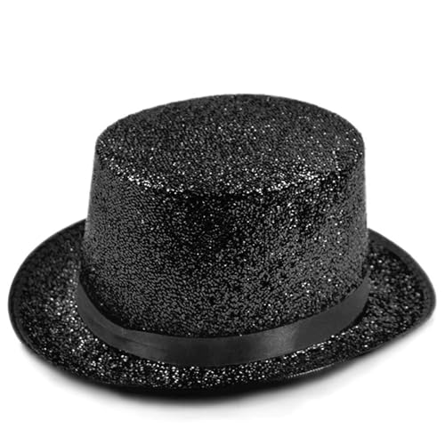 Velorique Top Hat Shiny Sequin for Men Women Adult, Magician Victorian Pilgrim Theatrical Clown Bowler Tailcoat, Cosplay Costume for Halloween, Masquerade, Mardi Gra (Black)