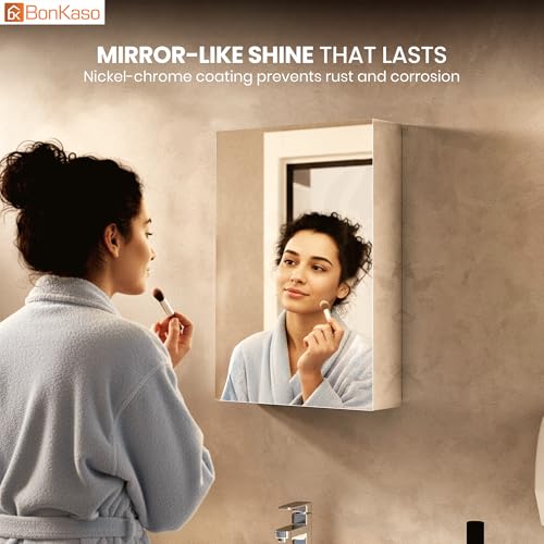 Image of BonKaso Premium Bathroom Cabinet with Mirror | 304 Stainless Steel Wall-Mounted Mirror Cabinet for Wash Basin & Bathroom Storage (12x18 Inch, Chrome Finish)