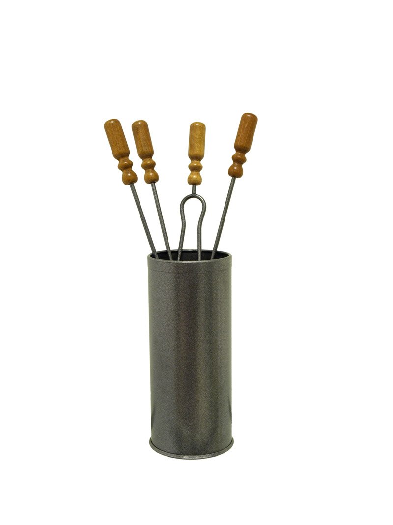 Attrezzature per caminetti In ferro, 5 pezzi, impugnature in legno cm.62 h.