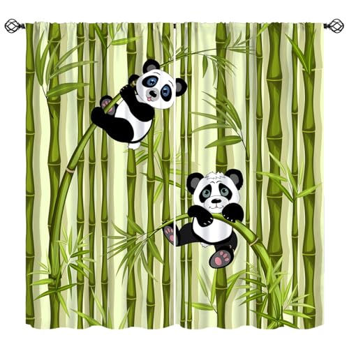 KANEPE Cute Pandas Curtains, Pandas Hanging Green Bamboo Print Window Treatments, Rod Pocket Thermal Insulated Drapes 2 Panel Sets for Kids Bedroom Living Room, 42