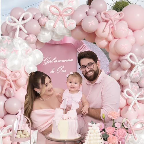 Image of Pink and White Bow Balloon Arch Kit,JOGAMS 199Pcs Coquette Birthday Decorations with 260 Bubble Pearl White Balloons Ribbon Bow for Coquette Bow Birthday Baby Shower Wedding Bachelorette Bridal Shower