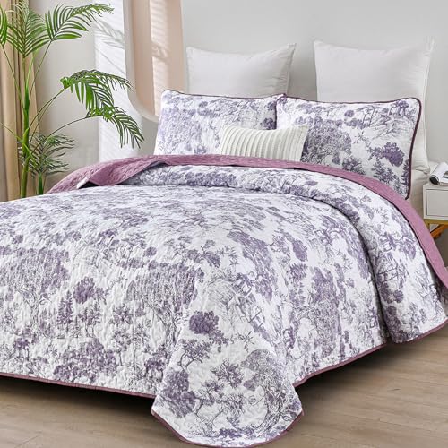 WONGS BEDDING Botanical Quilt Set Queen 3P Purple Microfiber