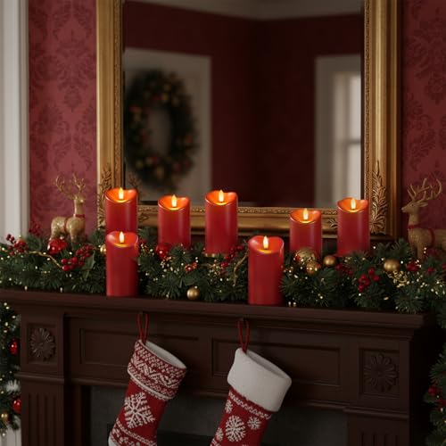 Image of Homemory Burgundy Flameless Candles, Waterproof Flickering Candles, Outdoor Battery Operated LED Pillar Candles with Remote Timer, Electric Fake Plastic Candles, Red, Christmas Decor, 3 inch x 6 inch