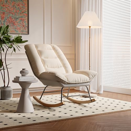 Lodera   Sillón mecedora acolchada con ajuste de inclinación en 12 posiciones, patas de metal y madera maciza, para salón y dormitorio, color beige