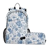 miaozhen Mochila azul claro con diseño de conchas de estrella de mar y corales para la escuela, bolsa de almuerzo y lonchera para niños de 8 a 10 años