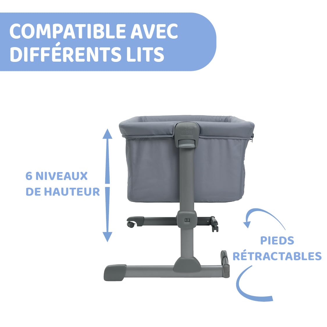 Chicco Next2Me Essential Lit Bébé Cododo, Berceau Bébé Cododo, Compatible avec Plusieurs Lits, Réglable en Hauteur, Bonne Circulation de l’air, Matelas et Sac Inclus, 0-6 Mois, Gris