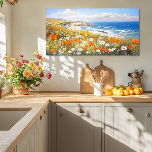 crmotu Coastal Wall Art, Floral Canvas Wall Art, Beach Art Wall Decor, Mountain Landscape Extra Large Artwork, Ocean Scenic Paintings for Living Room Bedroom Art Prints, Office Wall Decor 30x60inch