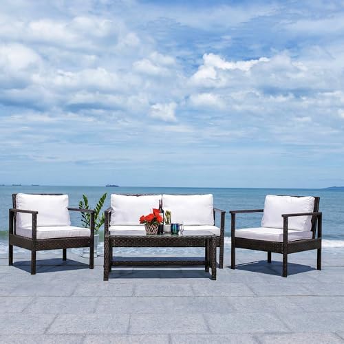 Image of BRISHI Outdoor Sofa Set || Balcony Sofa || Patio Furniture Sets || Indoor Sofa|| Wicker Rattan Garden Sofa Set with Cushion and Center Table, 4 Seater (Brown & White)