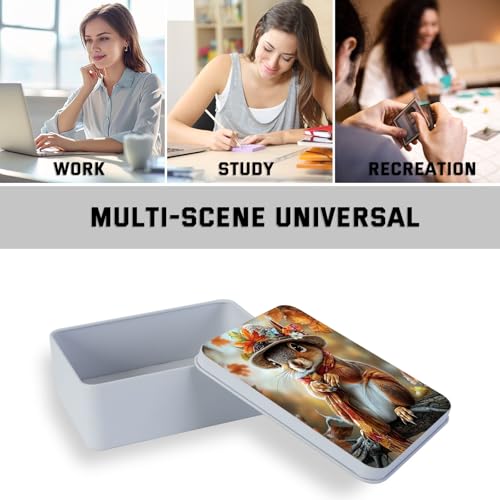 Image of Metal Tin Box with Lid,Multi-functional Storage Large Box Can Store Tea Biscuits Game Cards, Playing & Tarot Cards-Comes with 4 Magnetic Cord Clips,Cute Squirrel Wearing Hat