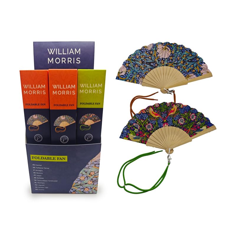 Puckator William Morris Folding Hand Fan - Handheld Portable Mobile Turbo Pink Face Manual Crank Silent Fan - Cool Handy Camping Festival Essentials Gadgets - Neck Cooler