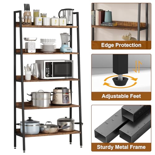 GarveeHome 5 Tier Bookshelf, Narrow Home Office Book Shelf Display Rack, Rustic Brown Storage Organizer with Open Shelves, 67" Tall Wood Bookcase with Metal Frame for Bedroom Kitchen Living Room