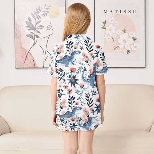 ALAZA Dinosaur Leaf Blossom White Pajamas Satin Pajama Set Short Sleeve Button Down Sleepwear4