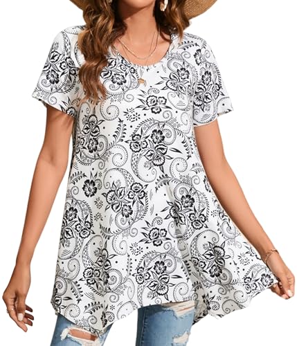 Enmain Tunika Damen Sommer Schwarz Blumen Kurzarm Rundhals Lose Tunika Swing Elegant Longshirt Lässig Tshirt Damen, weiß/Schwarz, 3XL