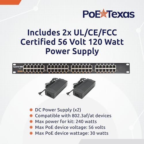 Image of PoE Texas 24 Port PoE Injector - Multi-Port PoE Gigabit Rack Mount Midspan for IP Cameras, Phones, WiFi AP, Add Power Over Ethernet to Non-PoE Switch or Network Router, Includes 56v 240w Power Supply