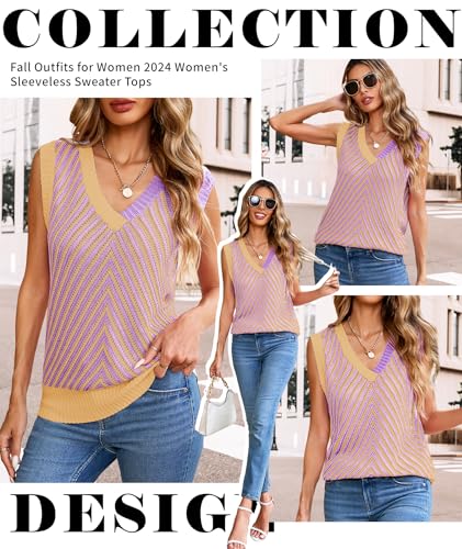 Image of MARZXIN Women Sleeveless Sweater V Neck Casual 2026 Fall Knitted Chevron V Neck Sweater Vest Color Block Pullover Sweater Top
