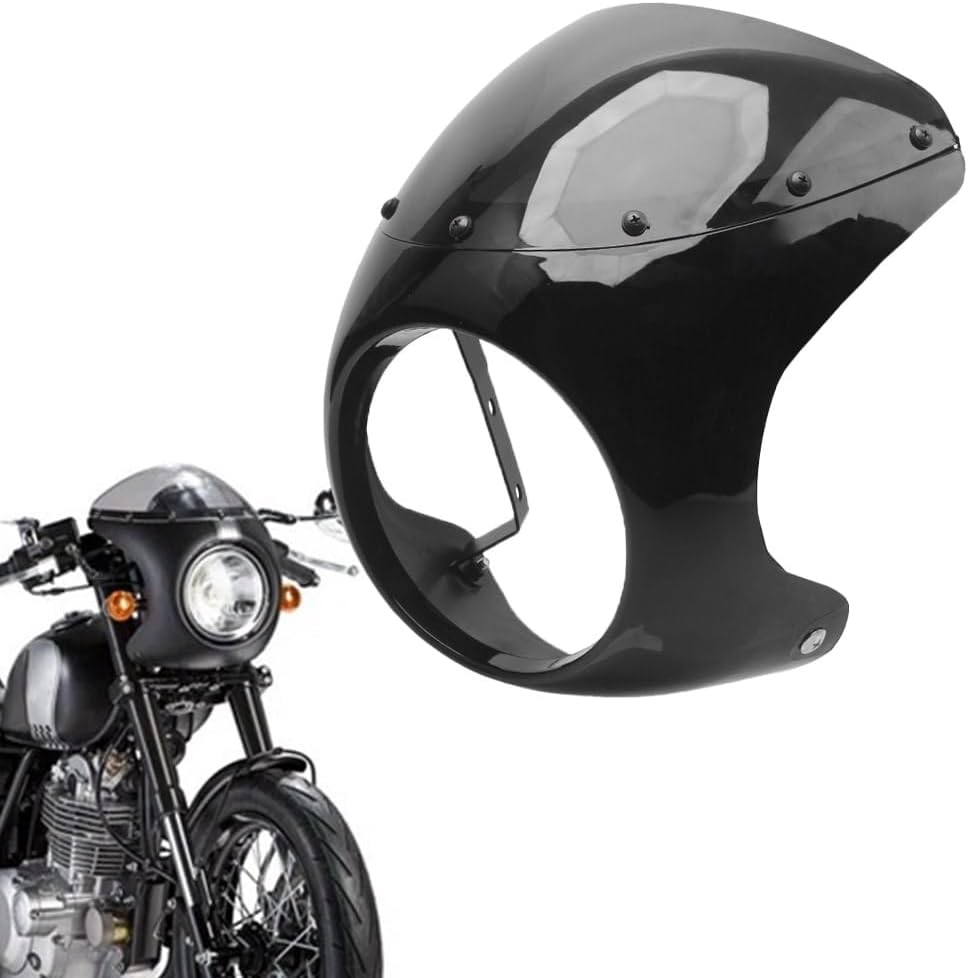 Universal 7" Round Headlight Fairing w/ Windshield Kit Fit for Harley Yamaha Suzuki BMW,Retro Cafe Racer Fairing Cover (Vivid Black&Smoke)