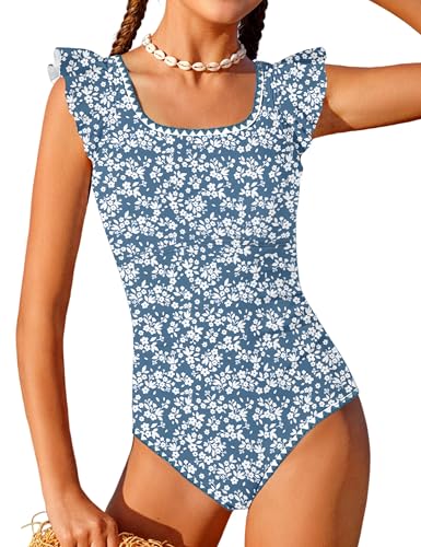 Image of Girls Swimsuit Ruffled Square Neck Color Contrast Trim One Piece Bathing Suit Geometric Girls' Swimwear 9-16Y