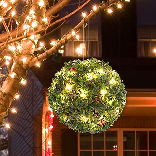 Luxspire Christmas Mistletoe Kissing Ball with LED Lights, Berry Clusters, Christmas Hanging Decorative Light Plant Ball Decoration for Indoor Outdoor, 9.84 Inches, Green+Red