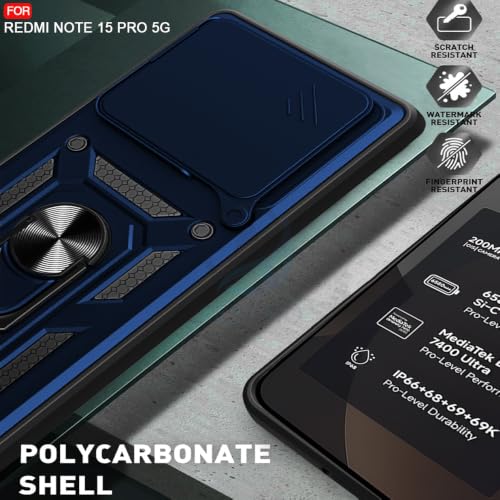 Image of AESTMO Tough Armor Redmi Note 15 Pro 5G Bumper Back Case Cover | Ring Holder & Sliding Camera Shield Cover | 360 Degree Protection Back Case Cover for Redmi Note 15 Pro 5G (Blue)