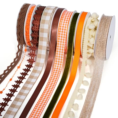 LaRibbons Fall Ribbons for Crafts 10 Rolls Harvest Craft Set for Wreaths Thanksgiving Decor Gift Wrapping 3/8 + 5/8 47 Yards