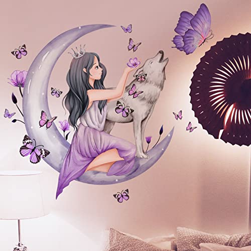 OOTSR Butterfly Girl Wall Stickers,Moon Wolf Flower Fairy Wall Decal,Pink Floral Wall Mural Colorful Butterflies Wall Decor - Image 3