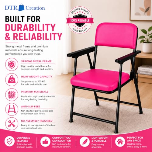Image of Foldable Cushioned Chair with Armrests | Heavy Duty Metal Frame | Soft Padded Seat & Backrest | Space Saving Folding Chair for Home, Office, Study & Guest Seating | Pink