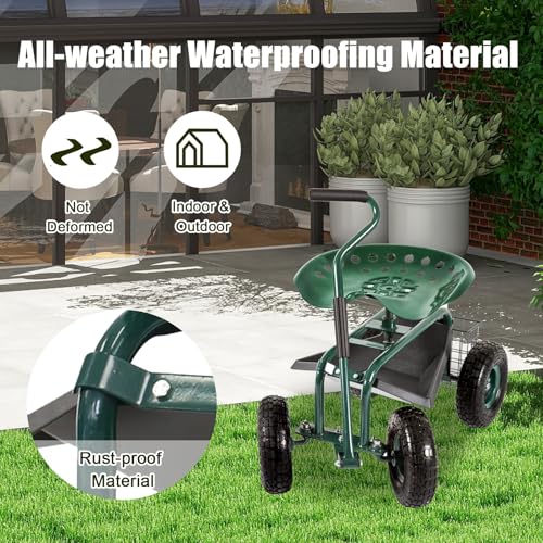 Kinsuite Garden Cart Rolling Work Seat Outdoor Utility Lawn Yard Patio Wagon Scooter for Planting Adjustable 360 Degree Swivel Seat Green