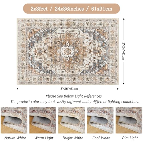 Madane Washable Area Rug 2x3, Small Entryway Rug Non-Slip Vintage Door Mat Indoor Entrance, Low Pile Floor Carpet for Inside Front Door Bedroom Kitchen Entry Laundry (2'x3', Turmeric/Grey)