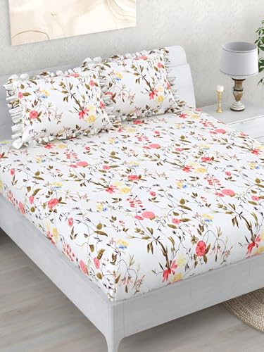 Image of VOMZER Queen Size (60x78) 300 TC Soft Cotton Feel Microfiber All Around Elastic Fitted Double Bedsheet with 2 Frill Pillow Covers | White Leaf