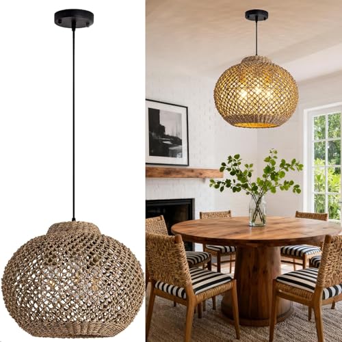GDLT 17' Boho Rattan Chandelier 3-Lights Large Farmhouse Natural Wicker Hanging Pendant Light Round...