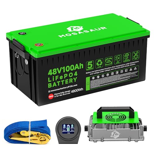 Mosasaur 48V 100Ah LiFePO4 Golf Cart Battery, 10.24kW Peak Power & 4000+ Cycles, Built-in 200A BMS | with 48V 20A Lithium Battery Charger, LCD Screen & APP Monitoring | for Golf Carts, RV, Marine