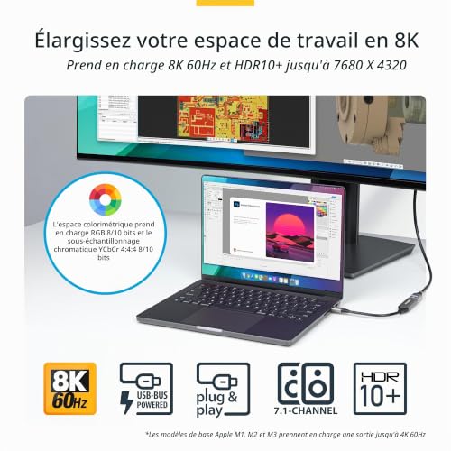 StarTech.com Adaptateur USB C vers HDMI 8K 60 Hz / 4K 120 Hz Compatible Thunderbolt / USB4 Convertisseur USB C vers HDMI 2.1 HDR10+ Câble de 20 c - vue 5